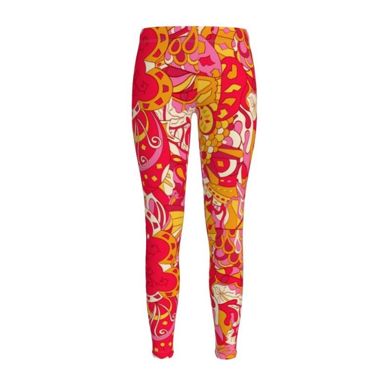 Decora LYCRA Stretch Mid-Rise Leggings - Kaleidoscopic Abstract Print Retro Psychedelic Red Orange Bold Vibrant Full Length Spandex