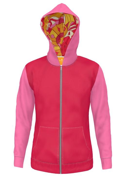 Unisex Women's Zip Up Hoodie with pockets  - Color Block - Red Pink - Long Sleeve - Soft Loopback Jersey Handmade In England