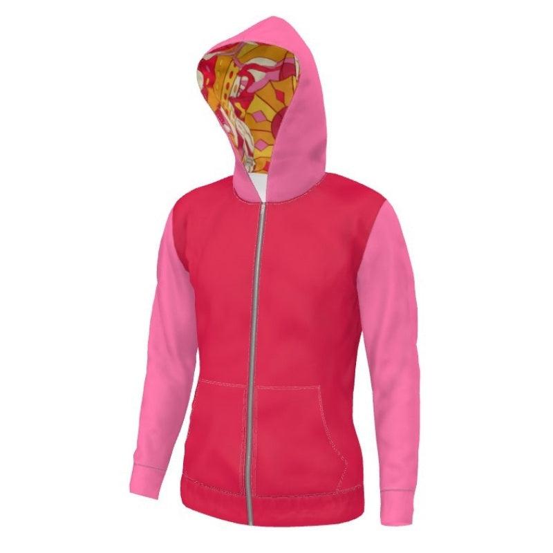 Unisex Women's Zip Up Hoodie with pockets  - Color Block - Red Pink - Long Sleeve - Soft Loopback Jersey Handmade In England