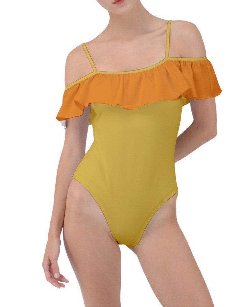 Ela Color Block Ruffle Off-the-Shoulder One-Piece Swimsuit | Yellow Orange