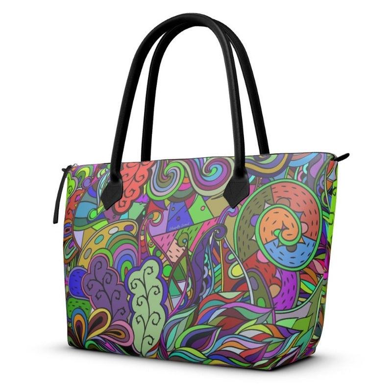 Eranas Zip Top Smooth Bolvine Leather Tote Bag - Multicolor Dark Retro Psychedelic Abstract Paisley Print - Handmade in England - Carry All