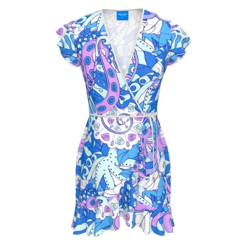 Imi Flounce Hem Wrap Tea Dress - Abstract Paisley Print - Swirls - Blue Violet - Retro Dress - Psychedelic - Handmade - 70's