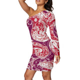 Inpa Paisley One Shoulder Mini Dress Long Sleeve Dress - Red Abstract Baroque Paisley Pattern - Bold Vibrant Retro Evening Casual