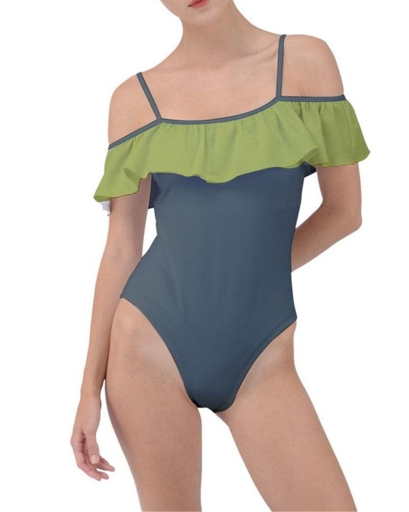 Jana Color Block Ruffle Off-the-Shoulder One-Piece Swimsuit | Olive & Nandor Green