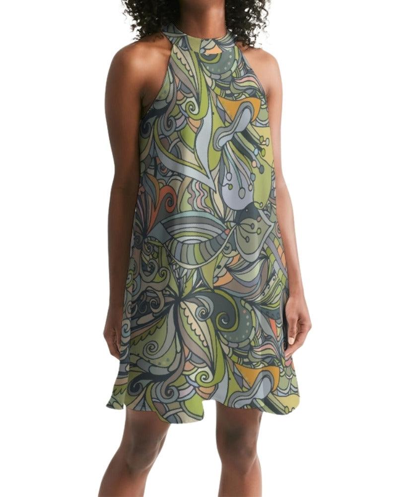 Jana Halter Flare Dress - Retro Kaleidoscope Multicolor Floral Print 