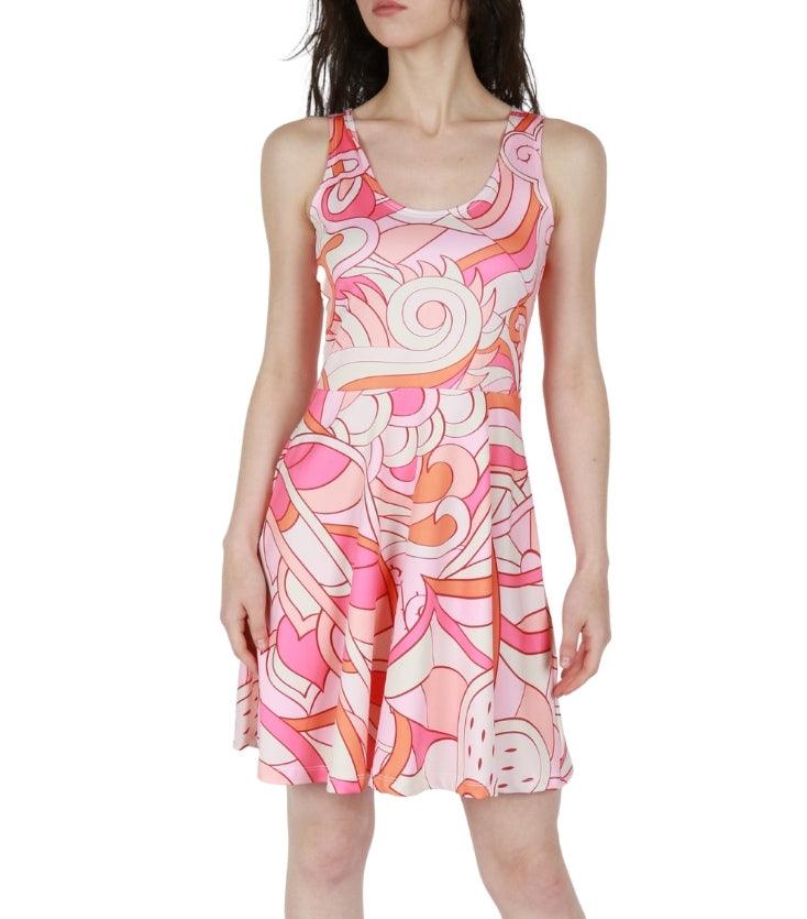 Keki Reversible Skater Dress - Kaleidoscopic Abstract Swirl Print In Pink & Orange