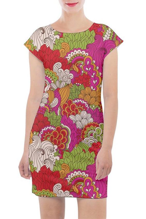 Kimia Cap Sleeve Bodycon Abstract Vibrant Retro Mod Floral Mini Dress 