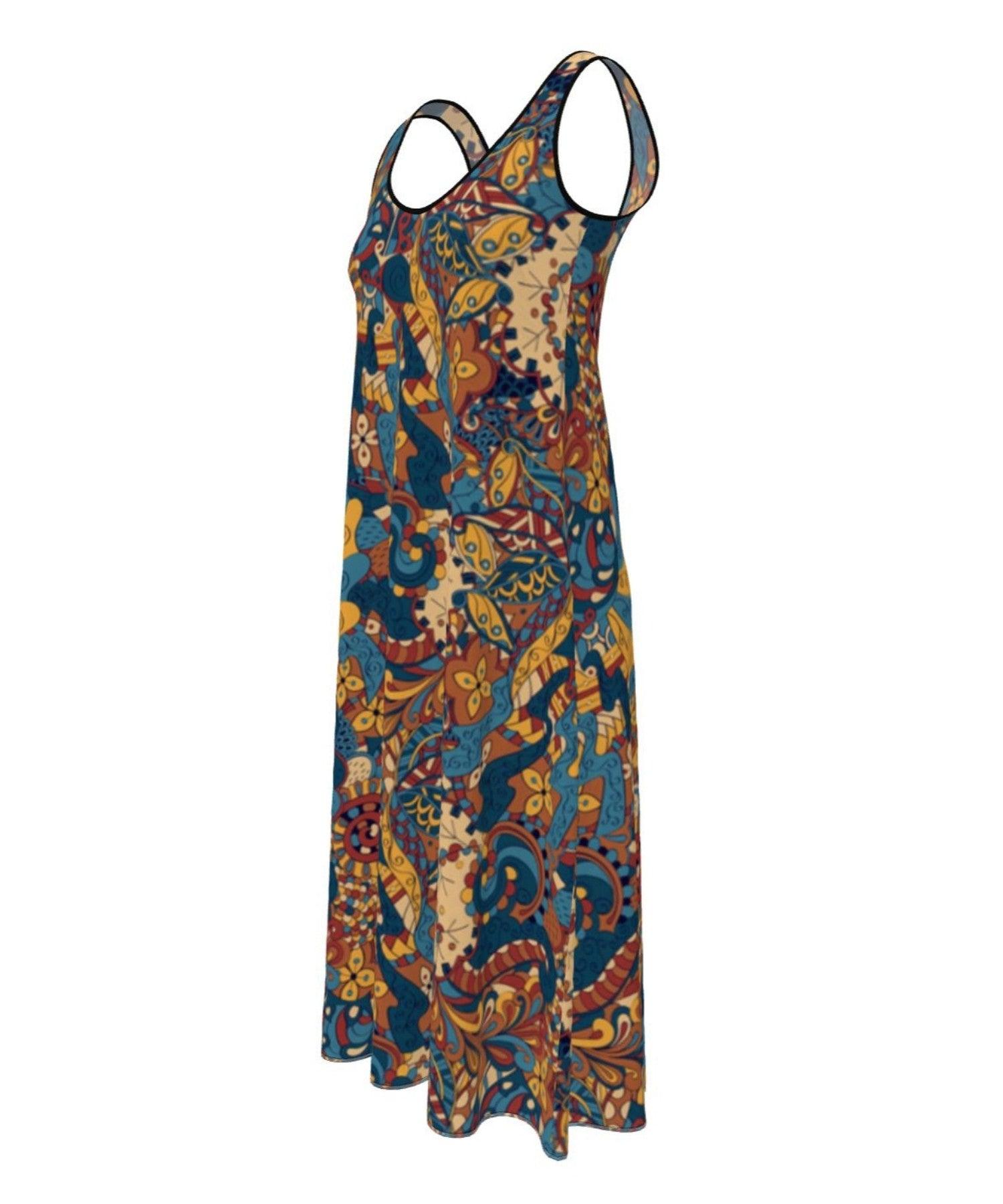 Kuri Sleeveless Midi Crepe Dress - Abstract Floral Print with Round Neck with Low Cut Back