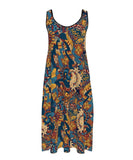 Kuri Sleeveless Midi Crepe Dress -  Retro Psychedleic Floral Print with Round Neck with Low Cut Back