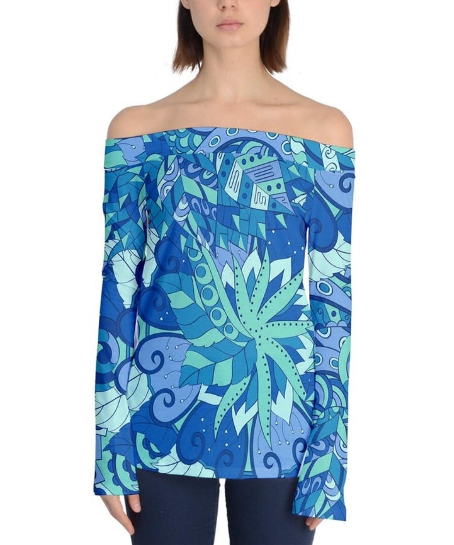 Lani Off Shoulder Long Sleeve Top | Blue Geometric Floral Print | Psychedelic Abstract