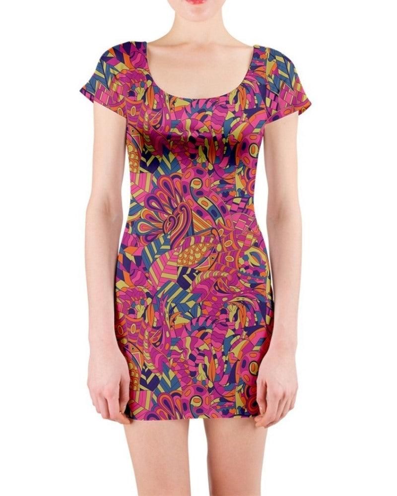 Lina Short Sleeve Bodycon Mini Dress - Dark Multicolor Geometric All Over Print Dress - Orange - Pink - Blue