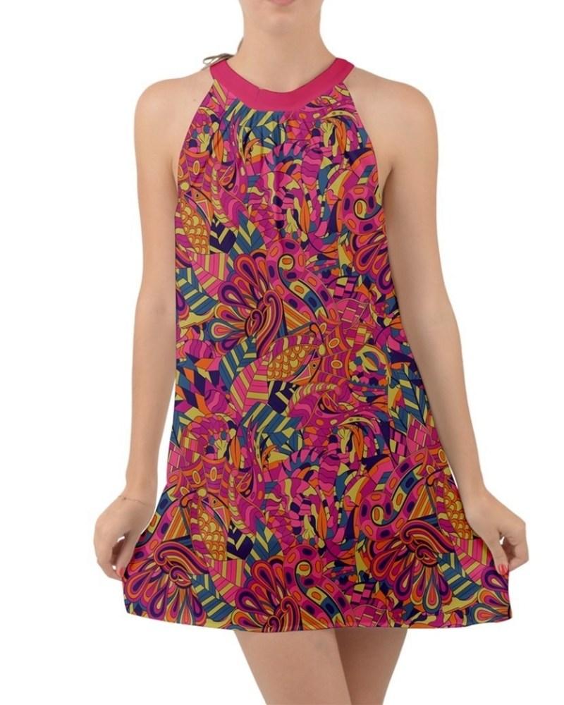 Lina Halter Tie Back Mini Chiffon Dress - Abstract All Over Print