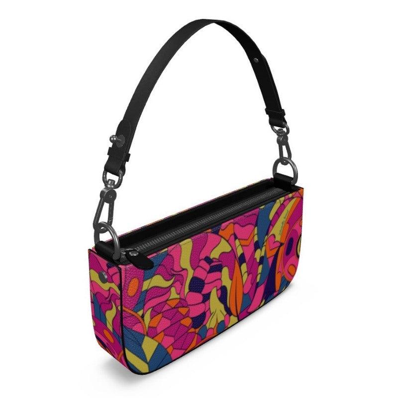 Lina Medium Leather Box Hand Bag | Shoulder Bag - Zip Top - Abstract Kaleidoscope Retro Print Pink Green 