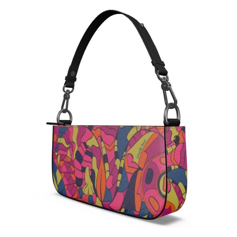 Lina Medium Leather Box Hand Bag | Shoulder Bag - Zip Top - Abstract Multicolor Retro  Print 