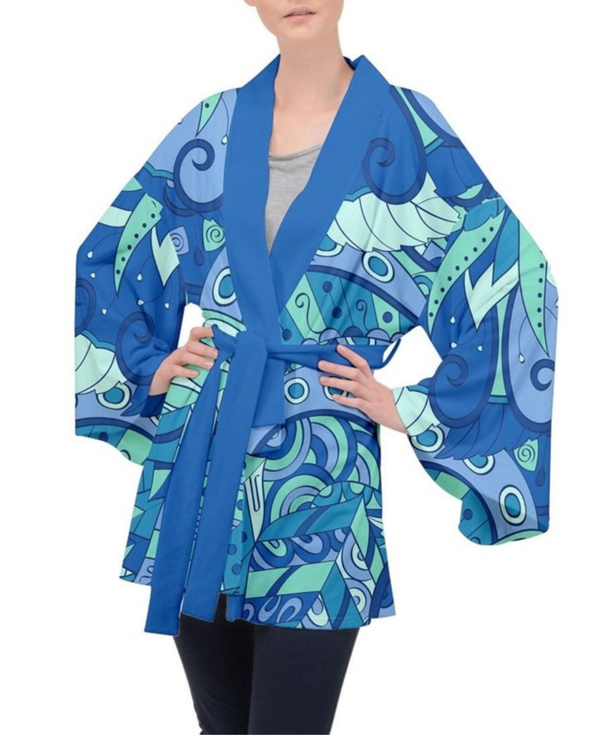 Lani Velvet Kimono Robe - Blue Retro Psychedelic Print
