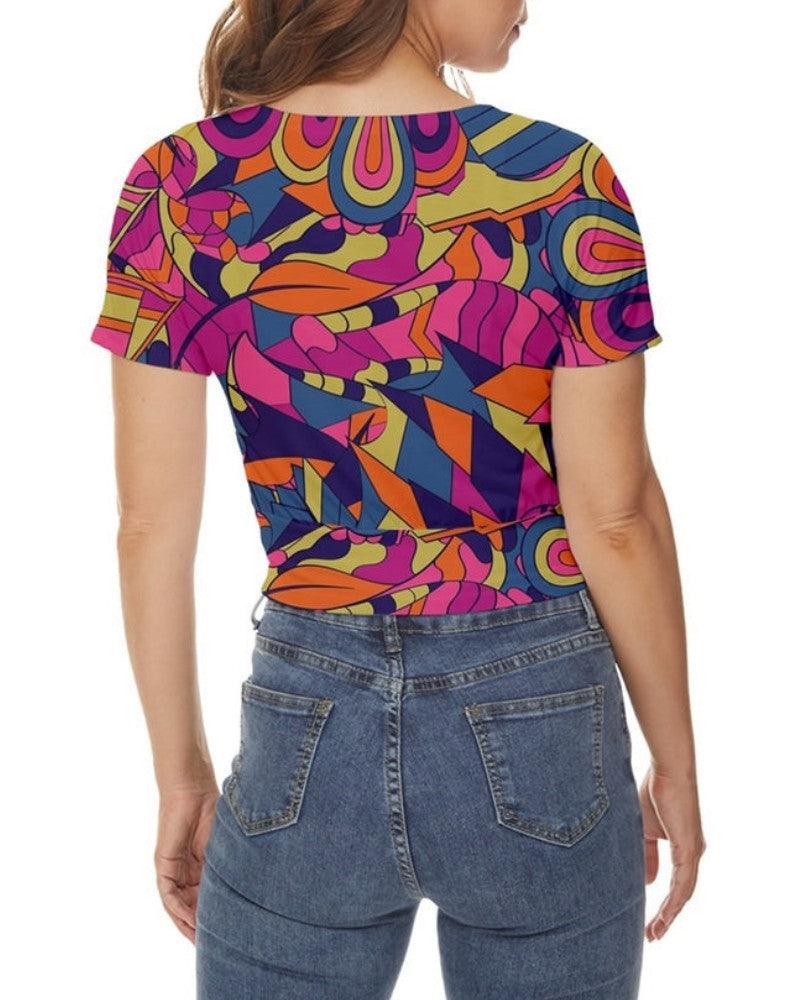 Lina Front Twist Crop Top - Abstract Psychedelic Print | Pink Orange B…