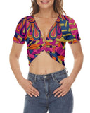 Lina Front Twist Crop Top - Abstract Retro Psychedelic Print | Pink Orange Blue