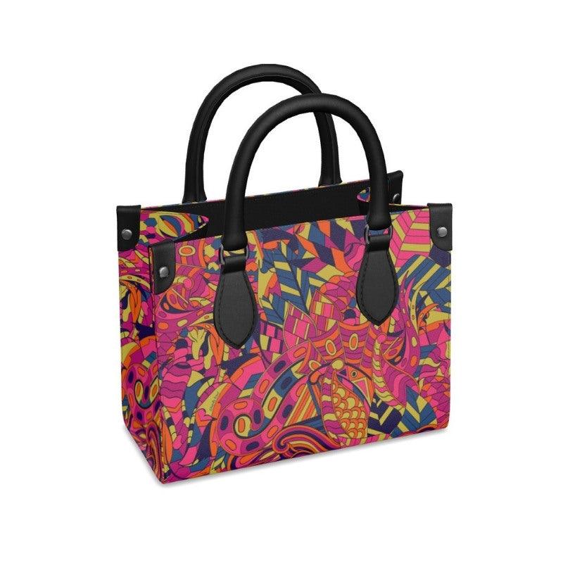 Lina Leather Small Shopper Handbag - Abstract Kaleidoscope Retro Psychedelic Geometric Print - Bespoke