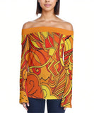 Mandra Off Shoulder Long Sleeve Top - Orange Abstract Floral Print - Psychedelic - Mod