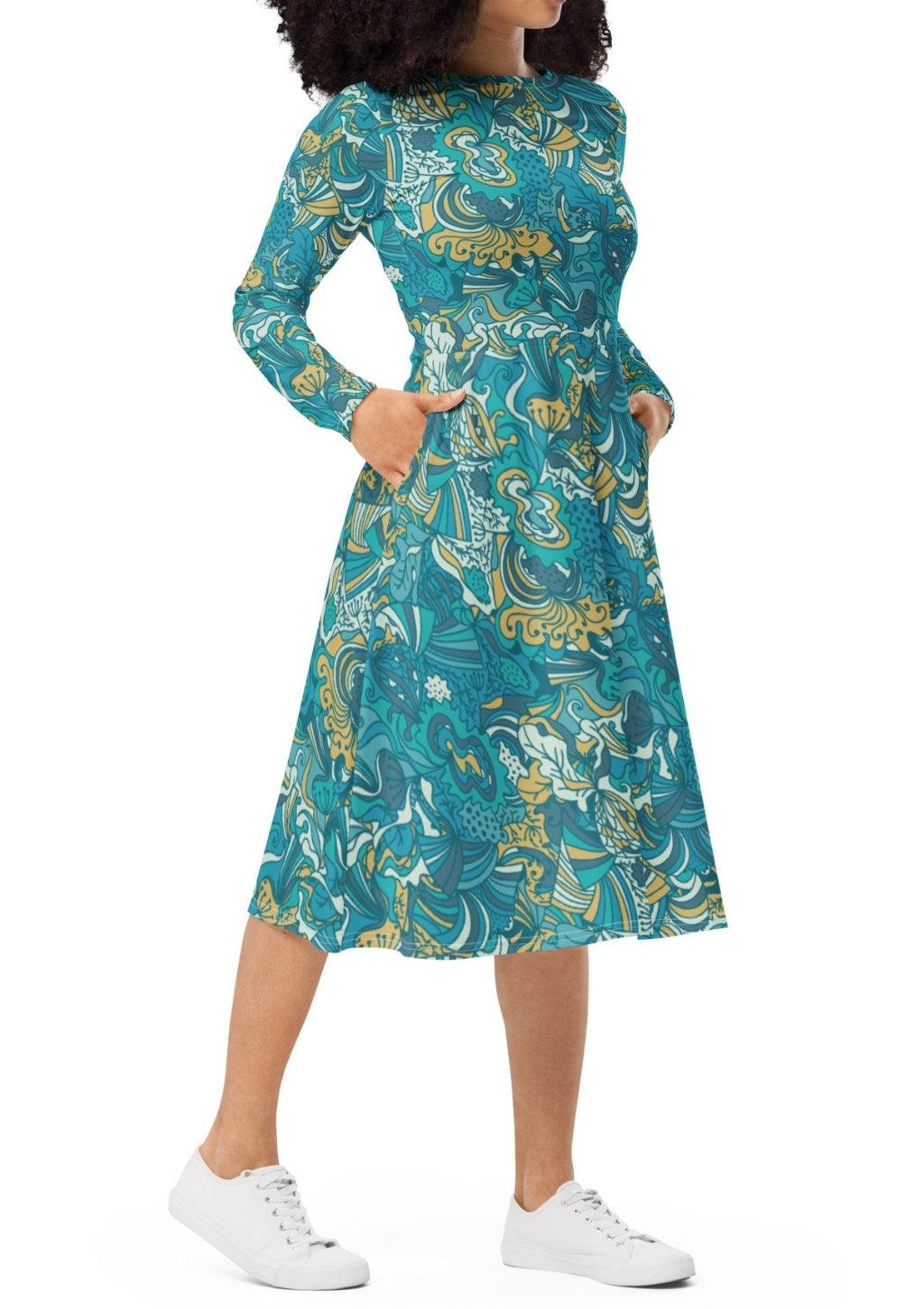 Masu Long Sleeve Midi Fit & Flare Dress - Abstract Paisley Floral Retro Print - Green Blue