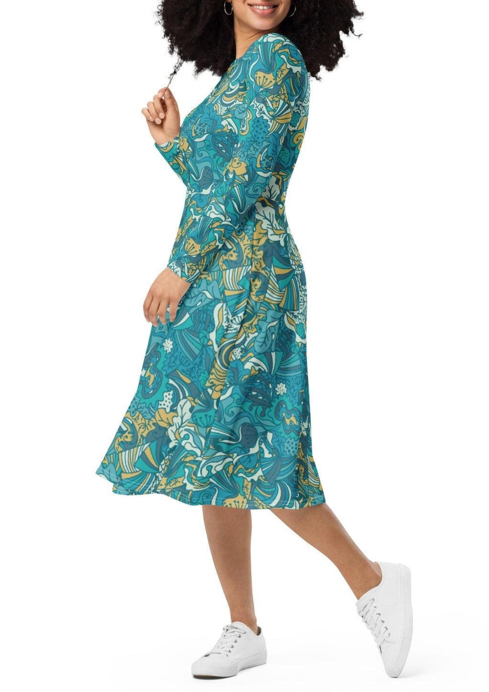 Masu Long Sleeve Midi Fit & Flare Dress - Abstract Paisley Floral Psychedelic Print - Green Blue