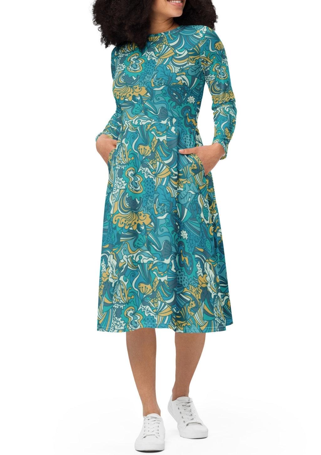 Masu Long Sleeve Midi Fit & Flare Dress - Abstract Paisley Floral  Print - Green Blue Plus Size - Retro - Psychedelic - 70's