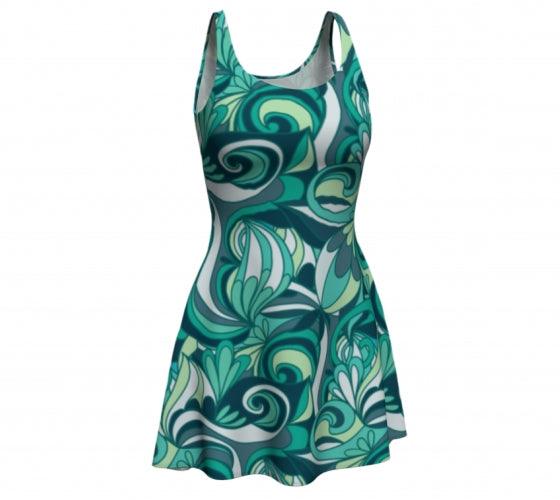 Mima Mini Flare Fitted Dress - Retro Abstract Floral in Turquoise & Green