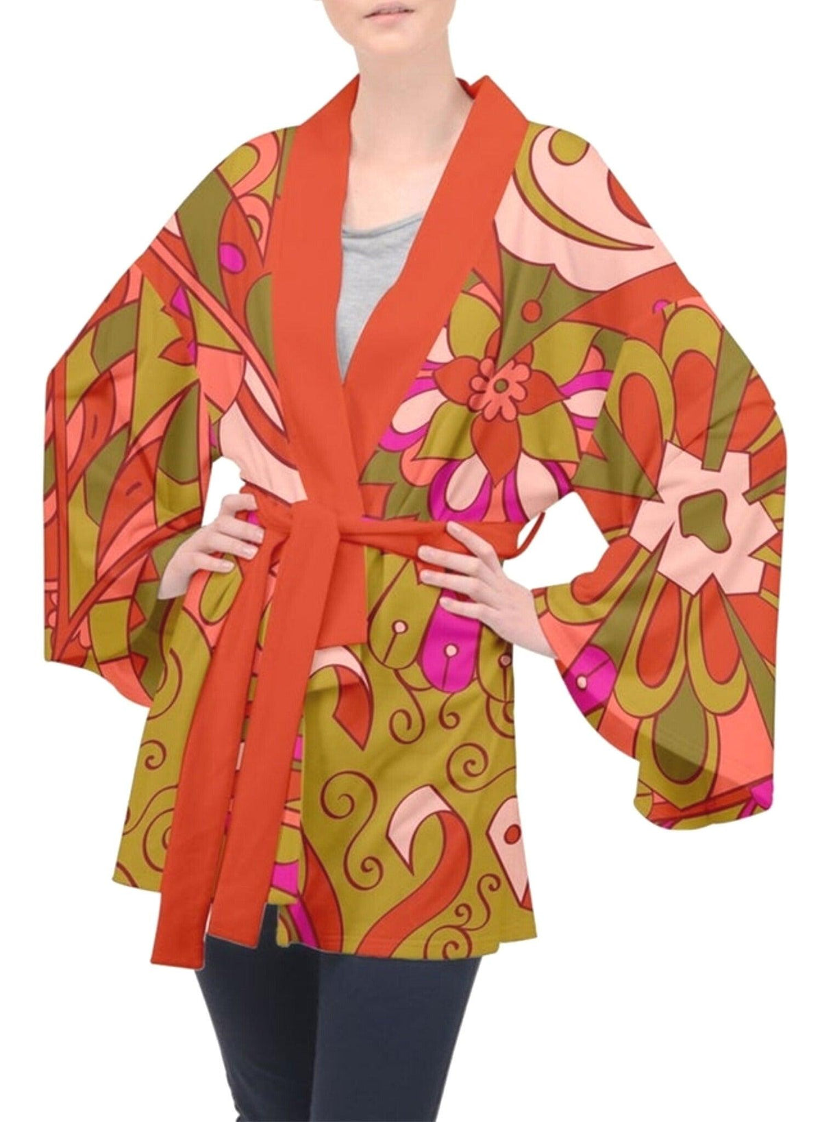 Mina Velvet Kimono Robe - Abstract Retro Mod Floral in Red | Hot Toddy Yellow | Orange