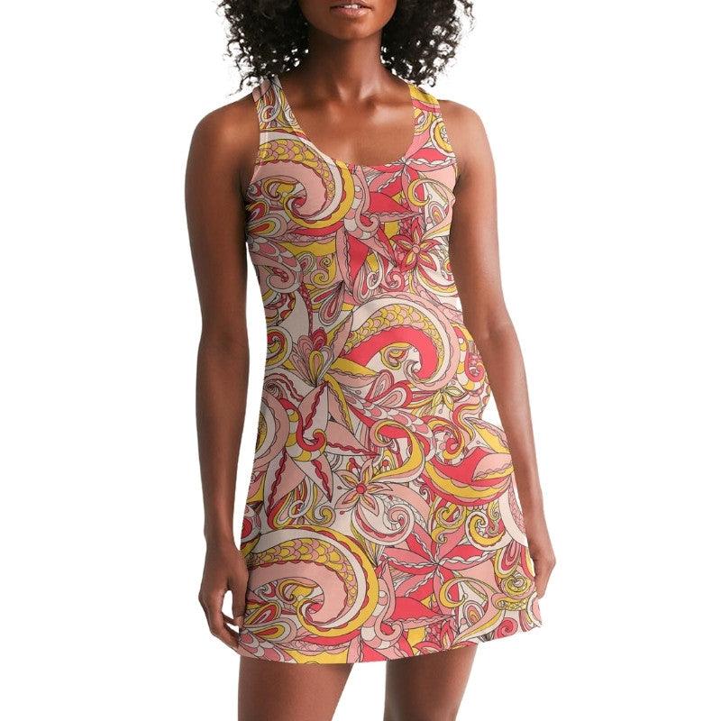 Patty Abstract Paisley Floral Racerback Dress - Psychedelic Retro Pink Yellow Swirl Mandala