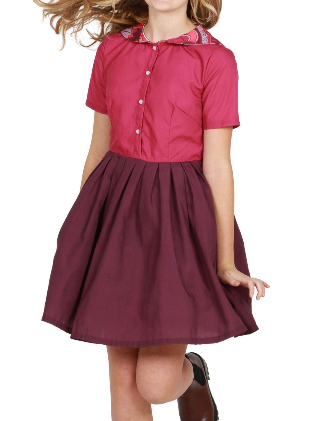 Pena Pleated Sailor Retro Dress - Deep Magenta & Red Color Block