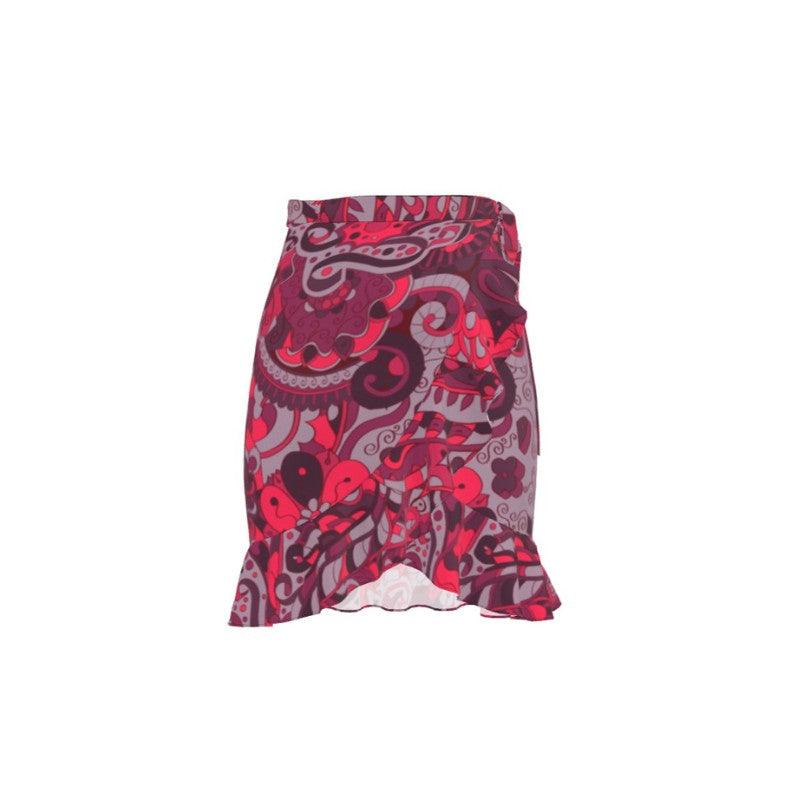 Pena Wrap Mini Frill Skirt - Kaleidoscopic Paisley Floral Retro Flower Power Red - Dark - Plus Size Handmade in England