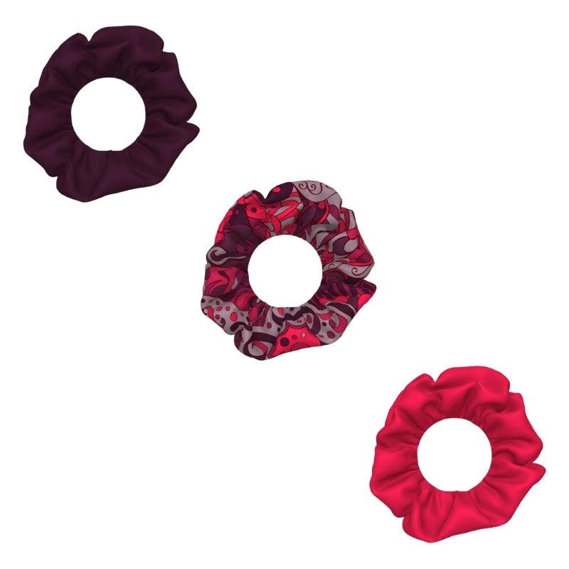 Pena Scrunchie 3 pack - Silk & Velour Abstract Paisley Floral Red Dark Bright Handmade in England Hair Accessory Coordinate Solid Print