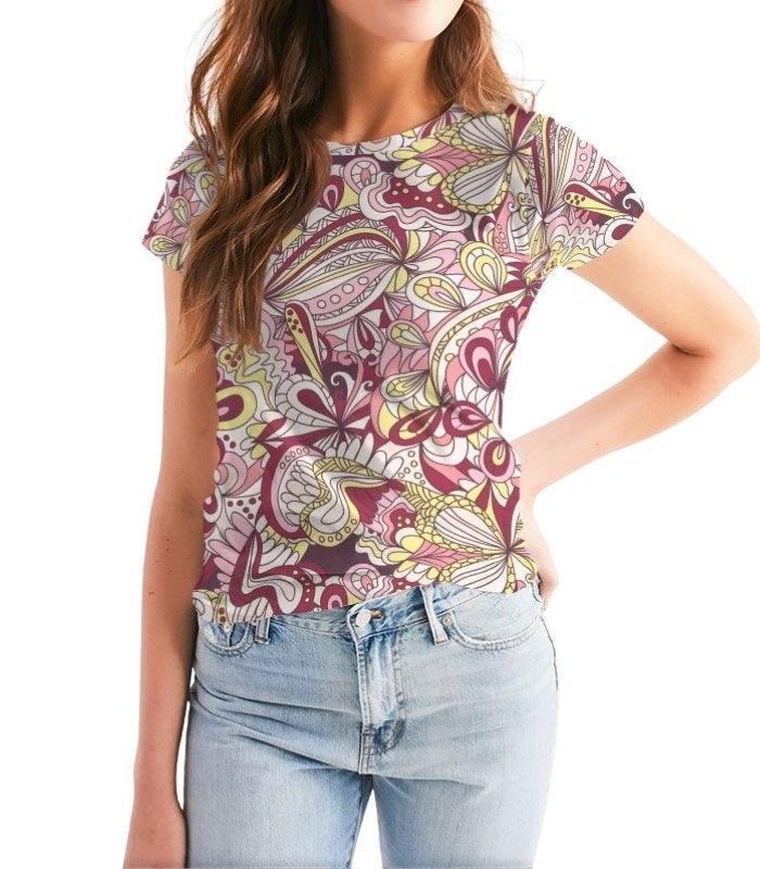 Piki Fitted Crew Neck Tee Top - Abstract Floral Print