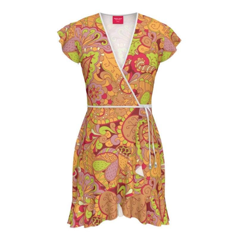 Popsica Flounce Hem Wrap Tea Dress - Abstract Paisley Print - Swirls - Red Orange - Retro Dress - Psychedelic - Handmade - 70's