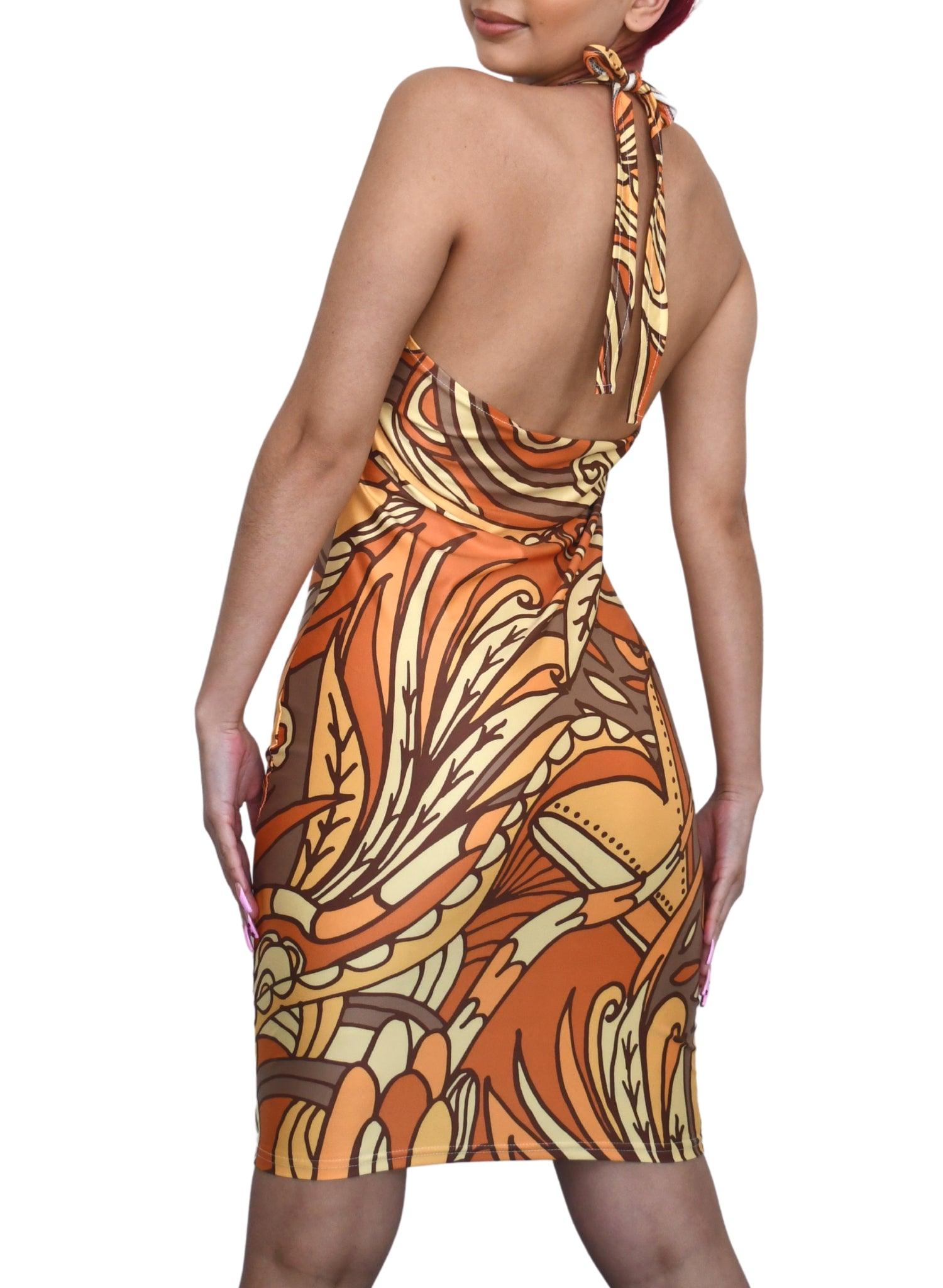 Prin Halter Cami Fitted Dress - Gold & Brown Abstract Kaleidoscope Print