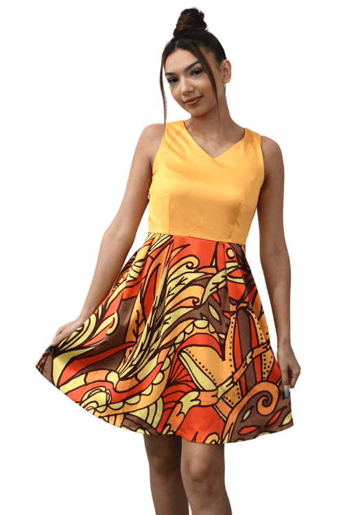 Prin Sleeveless Gold Pleated Fit & Flare Dress with Abstract Floral Print