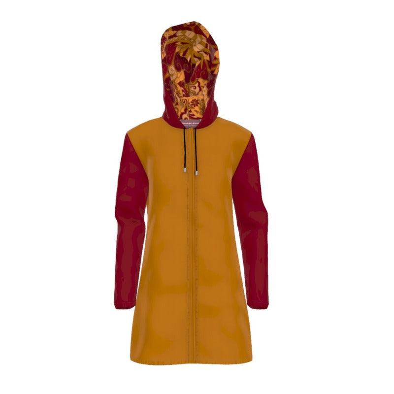 Color Block Dark Red & Orange Women's Waterproof Raincoat Zipped with Hood - Made in England 
