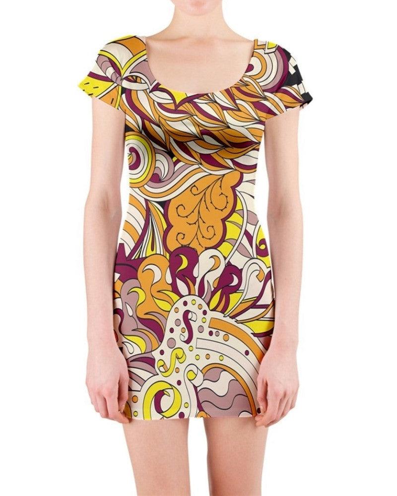 Sabi Short Sleeve Bodycon Mini Dress - Abstract Psychedelic Print Retro Abstract Swirls Multicolor Scales Bold Wild Vibrant