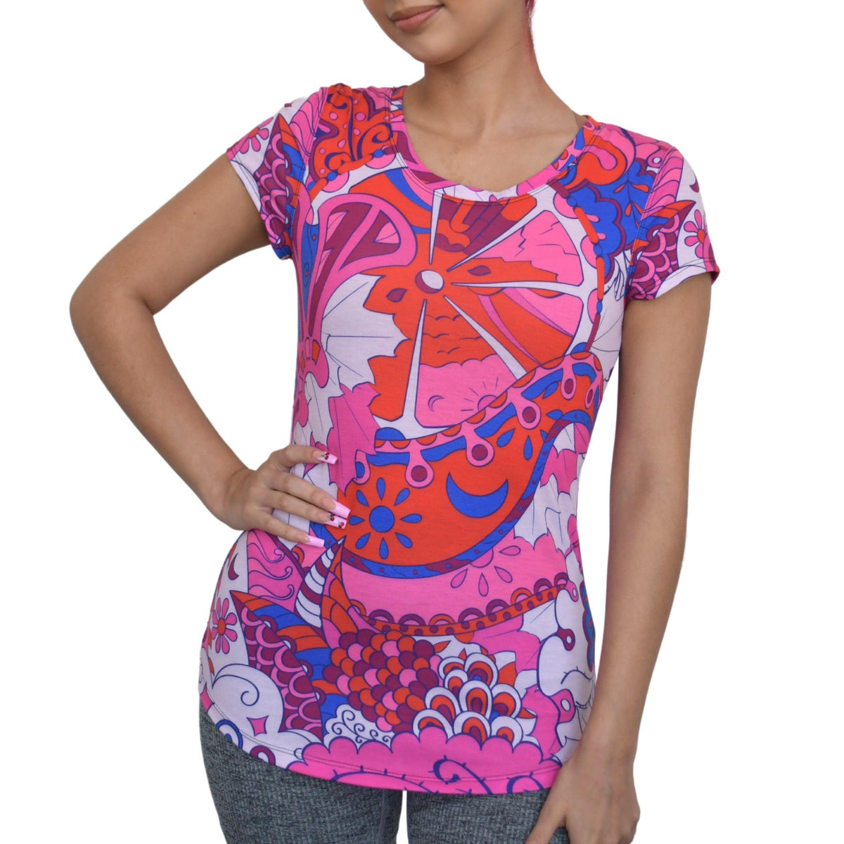 Sameria Fitted Tee - Pink Kaleidoscope Abstract Floral