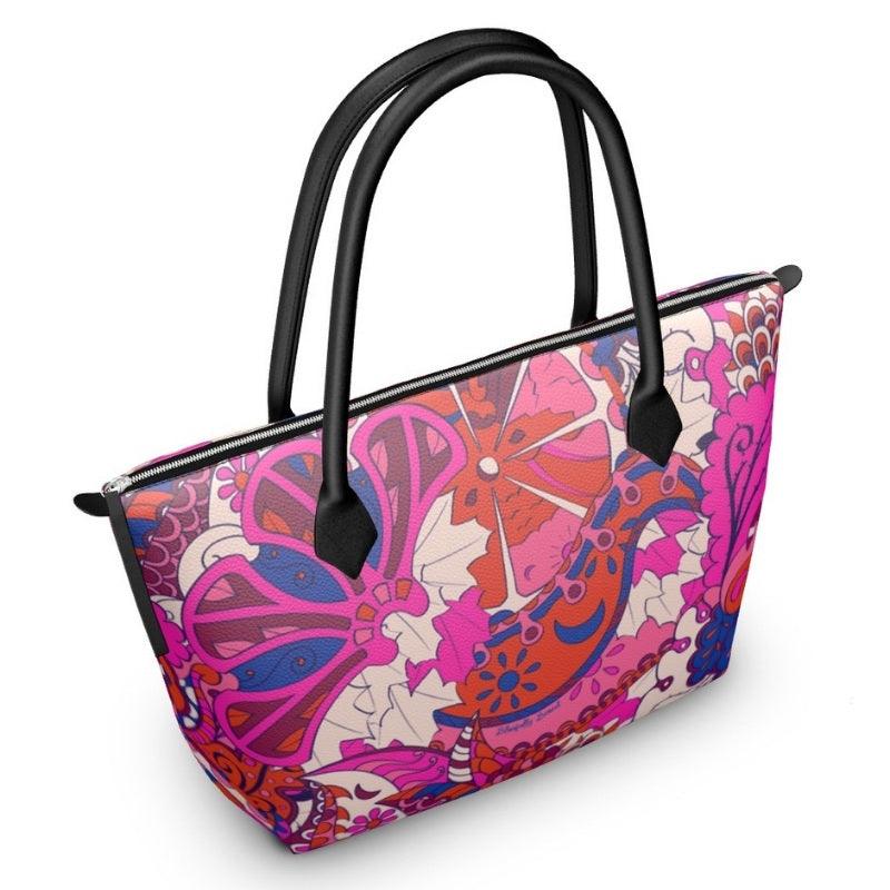Sameria Zip Top Leather Tote Bag - Red Pink Abstract Paisley Retro Psychedelic Mandala All Over Print - Handmade in England