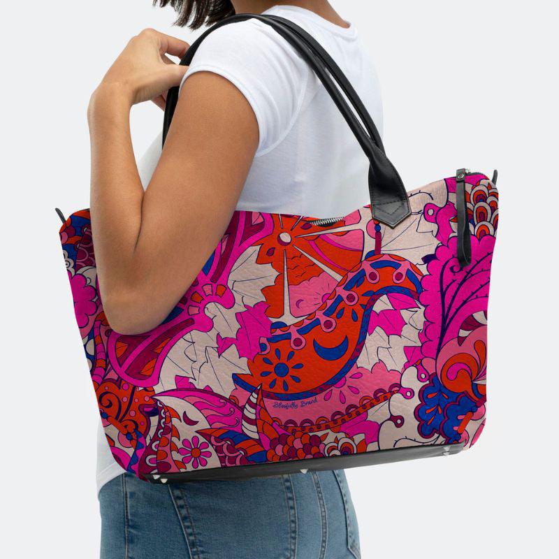 Sameria Zip Top Pebble Leather Shoulder Tote Bag - Red Pink Abstract Paisley Retro Psychedelic Mandala All Over Print - Handmade in England