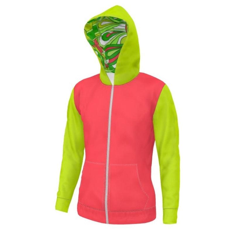 Unisex Vibrant Women's Zip Up Hoodie with pockets - Color Block - Red & Neon Green - Long Sleeve - Soft Loopback Jersey - Abstract Print Hood - Handmade In England
