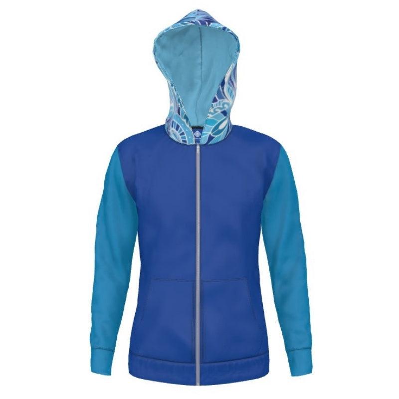 Unisex Women's Zip Up Hoodie with pockets - Color Block - Blue Shades - Long Sleeve - Soft Loopback Jersey - Abstract Print Hood - Handmade In England