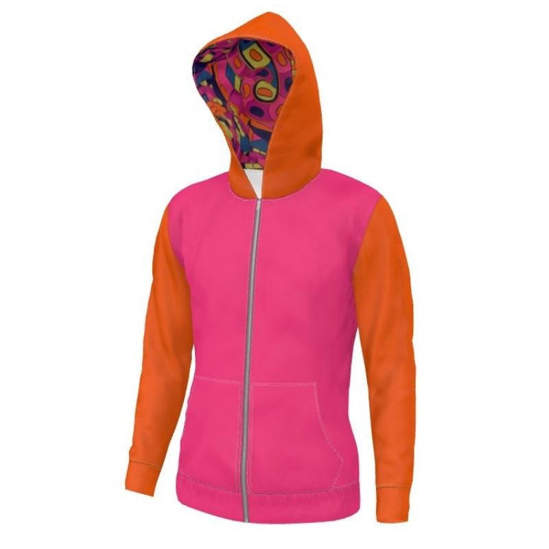 Unisex Women's Zip Up Hoodie with pockets - Color Block - Red Pink Orange - Long Sleeve - Soft Loopback Jersey Handmade In England