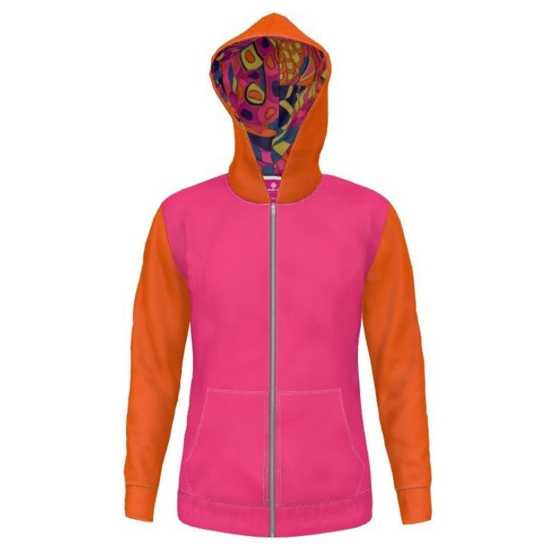 Unisex Women's Zip Up Hoodie with pockets - Color Block - Red Pink Orange - Long Sleeve - Soft Loopback Jersey Handmade In England