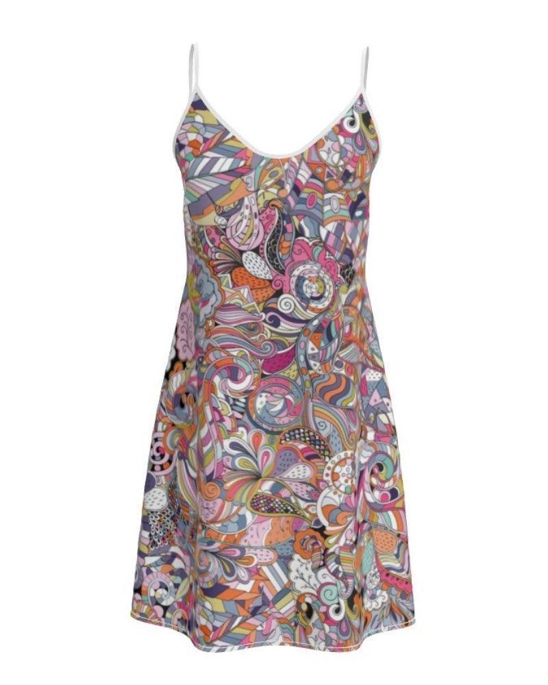 Kyuka Mini Slip Dress -  Multicolor Abstract Psychedelic Retro Kaleidoscope Psychedelic Wild Swirl Print - Silk Satin - Crepe - Handmade in England - Plus Size