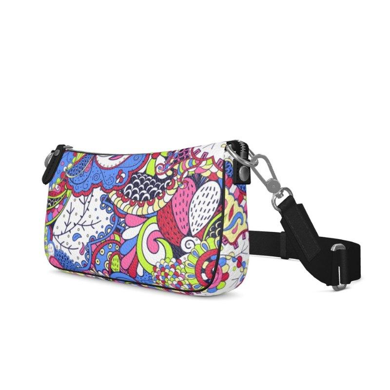 Sechia Leather Baguette Bag - Multicolor Boho Paisley Print Shoulder Strap Bag Retro Textured Leather Pink Blue Red Psychedelic Flower Power Handmade in England