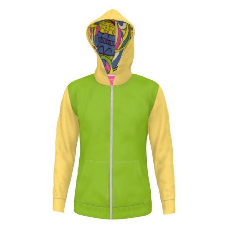 Unisex Women's Zip Up Pocket Suki Hoodie - Green Yellow Color Block Soft Loopback Jersey - Handmade in England