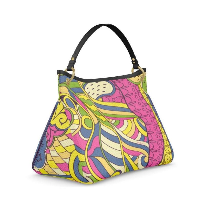 Suki Textured Leather Slouch Bag - Psychedelic Geometric Retro Abstract Print Handbag - Nappa - Handmade in England - Yellow Green Pink - Detachable Handle - Shoulder