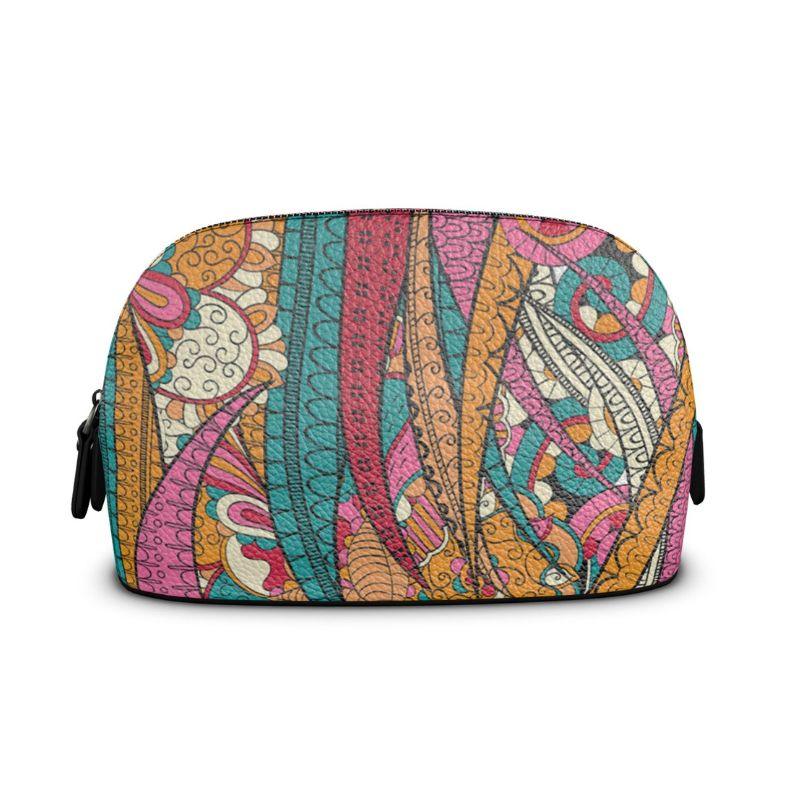 Taki Large Textured Leather Makeup Pouch Bag - Multicolor Abstract Floral Print - Clamshell - Psychedelic